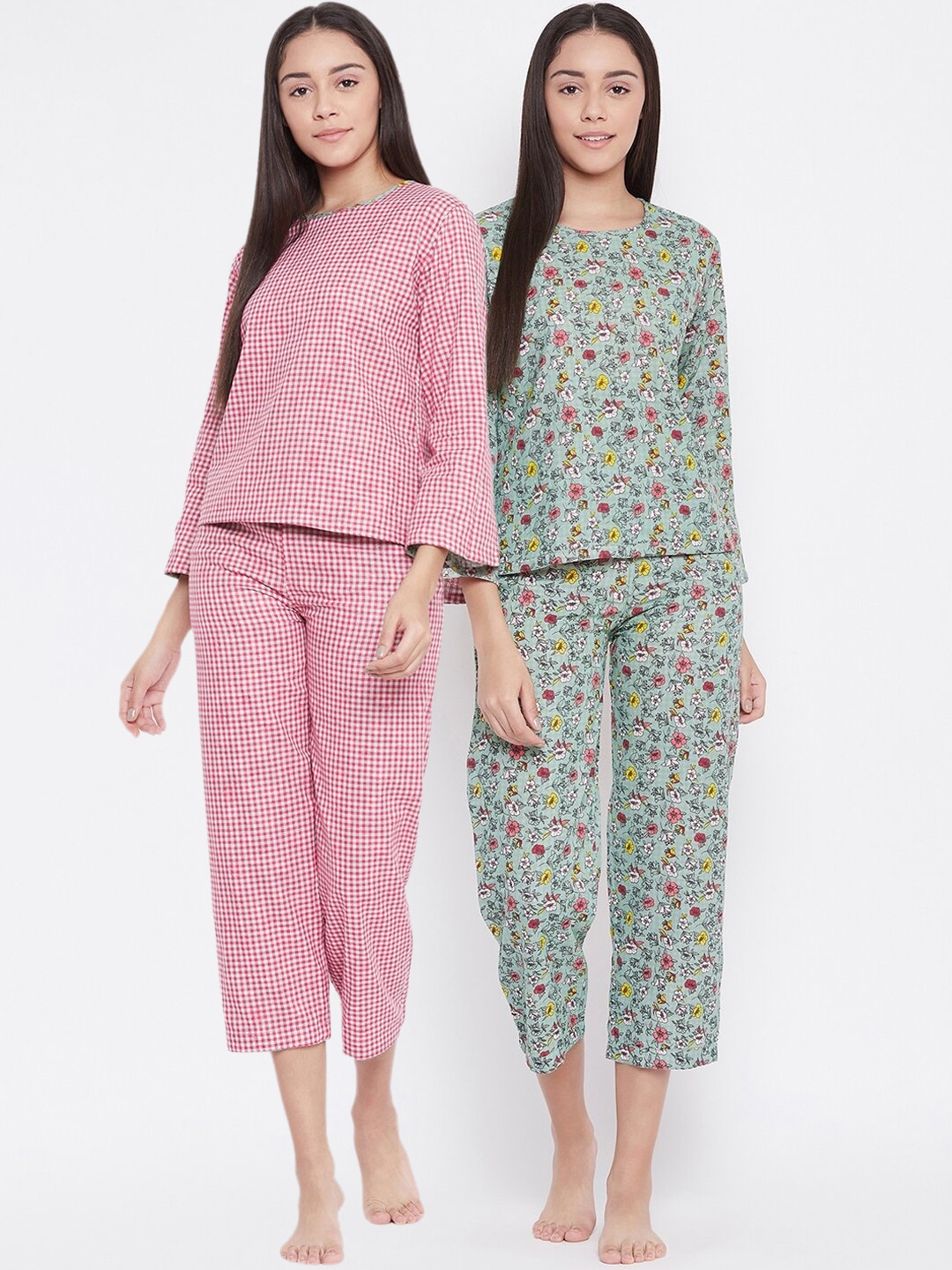 

The Kaftan Company Women Pink & Green Printed Reversible Pure Cotton Night suits