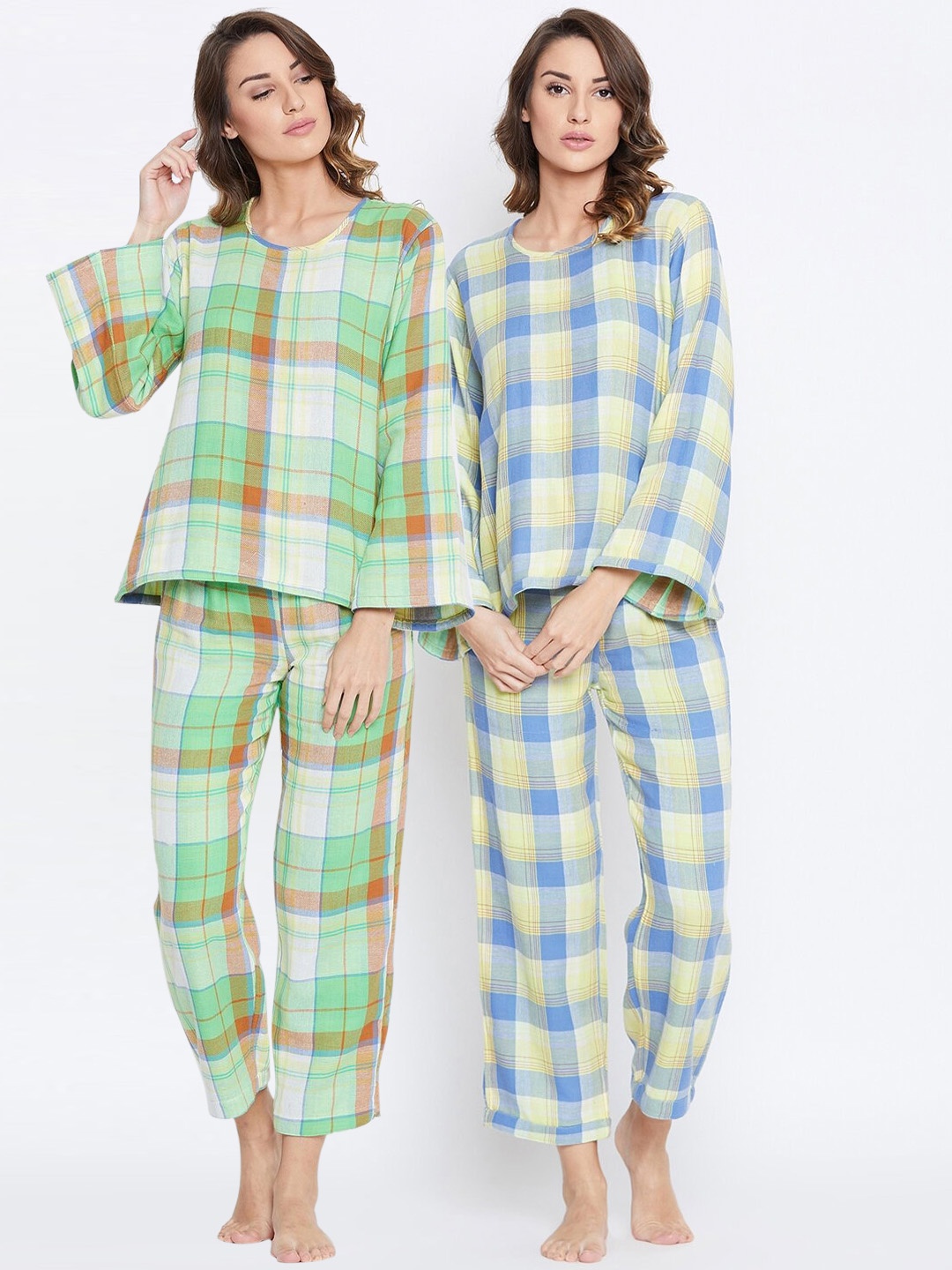 

The Kaftan Company Women Green & White Checked Night suit