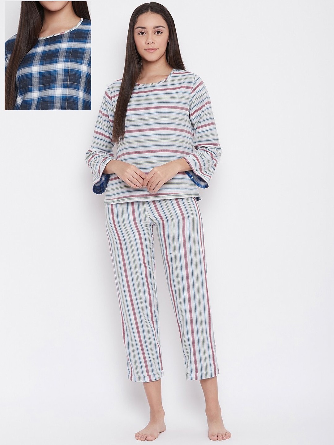 

The Kaftan Company Women Blue & White Checked Reversible Pure Cotton Night suits