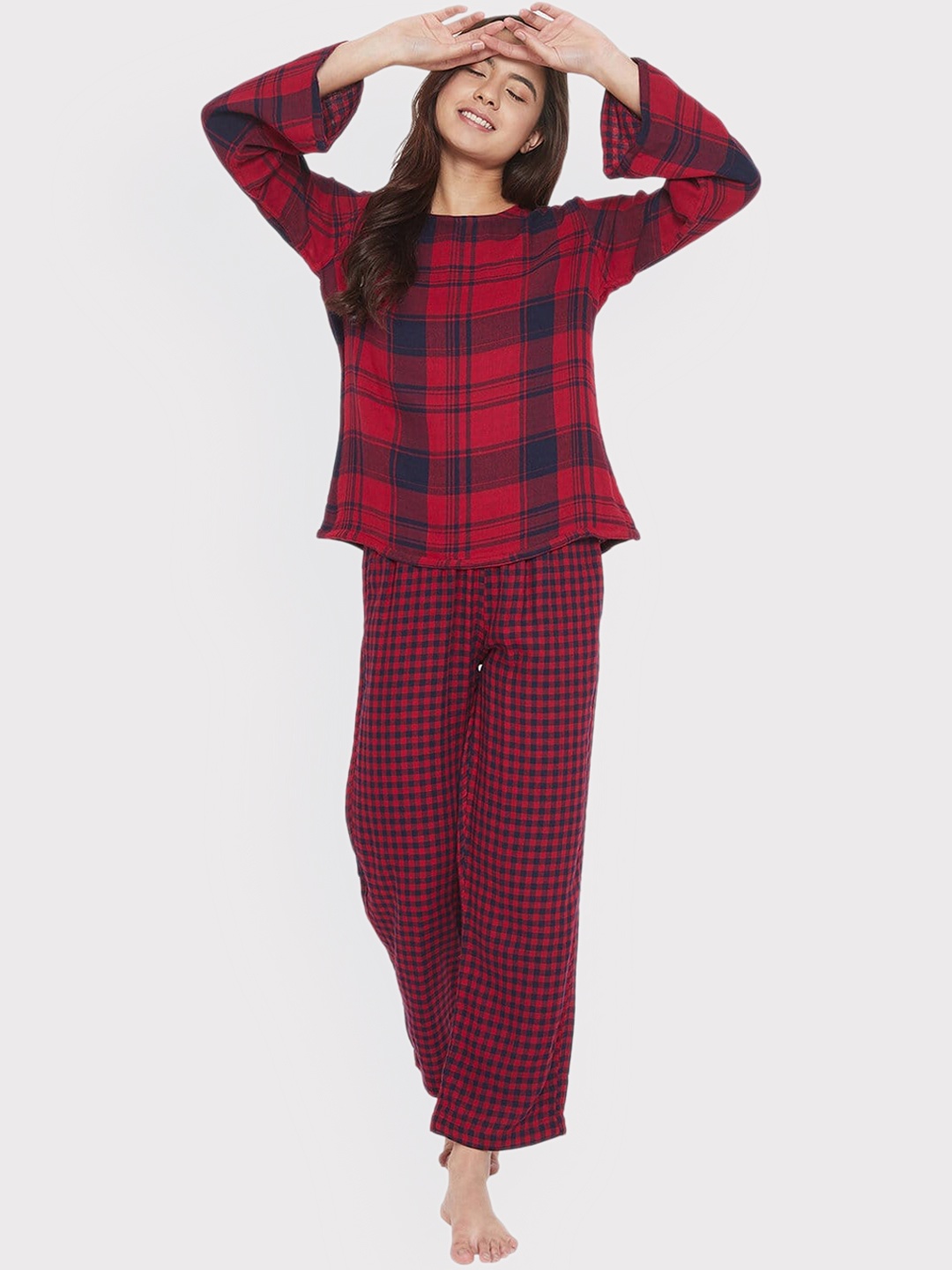 

The Kaftan Company Women Red & Navy Blue Checked Night suit