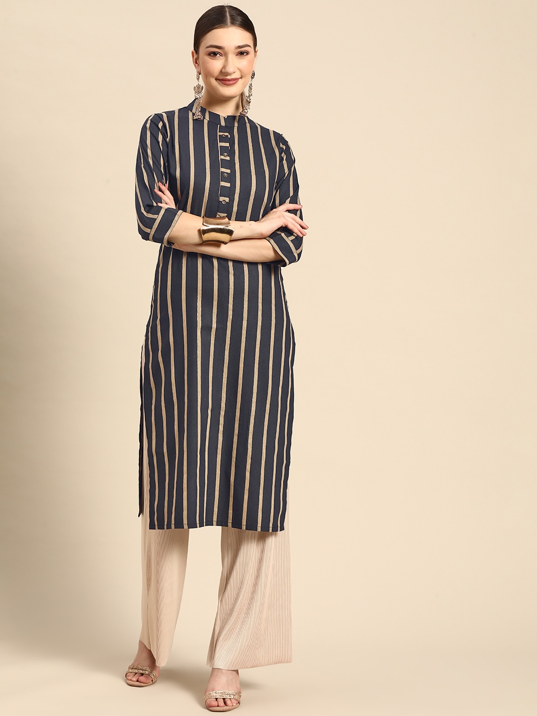

Sangria Women Navy Blue & Beige Striped Kurta