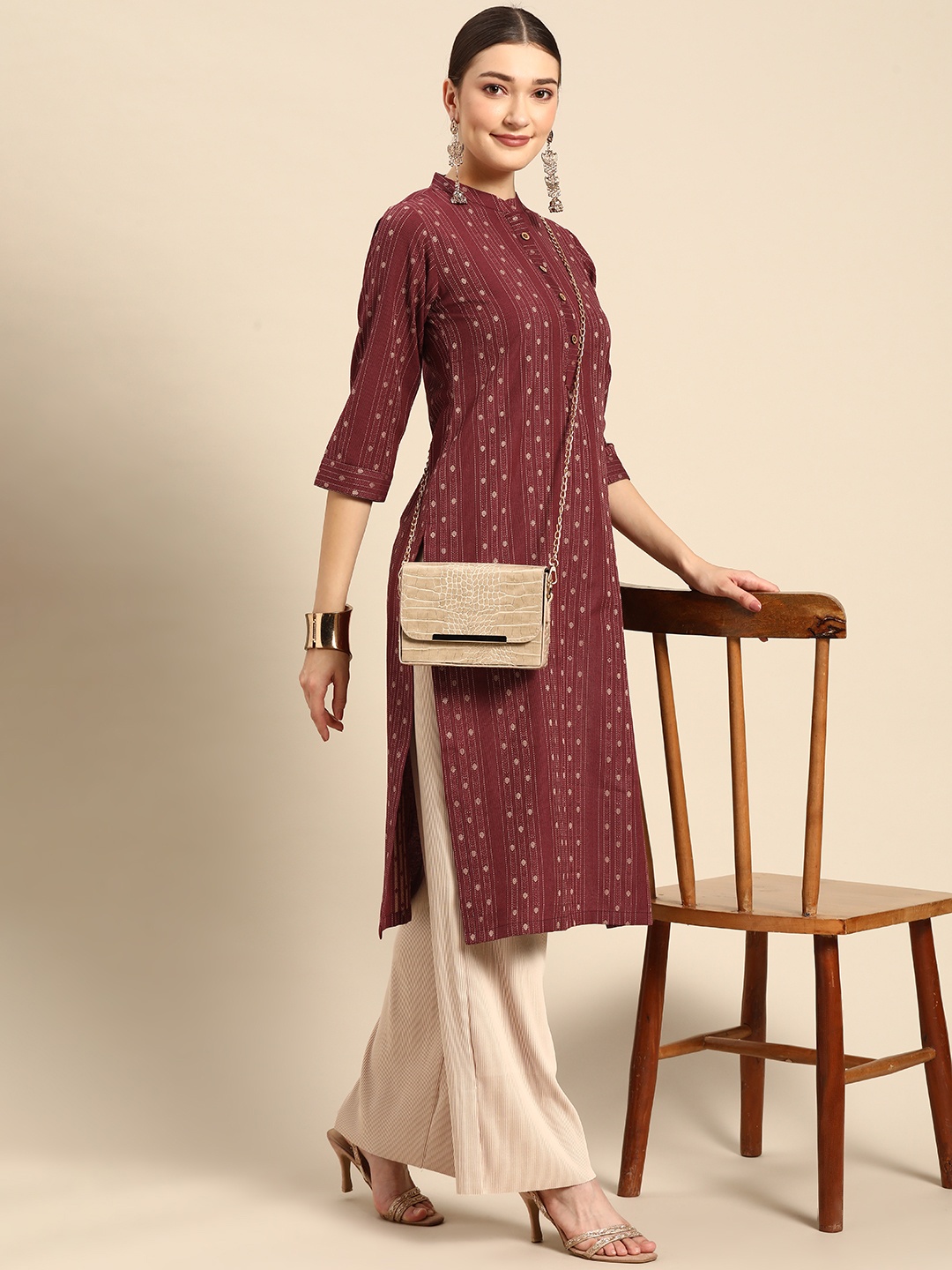 

Sangria Women Maroon & Beige Striped Kurta