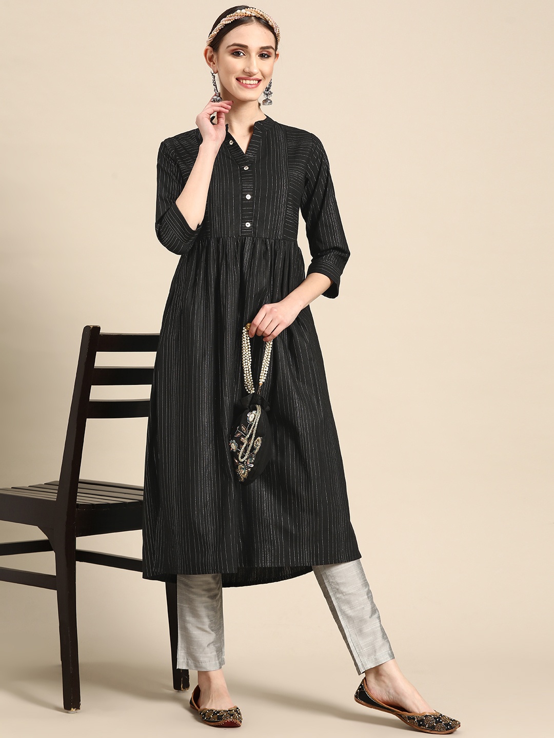 

Sangria Women Black Striped A-Line Kurta