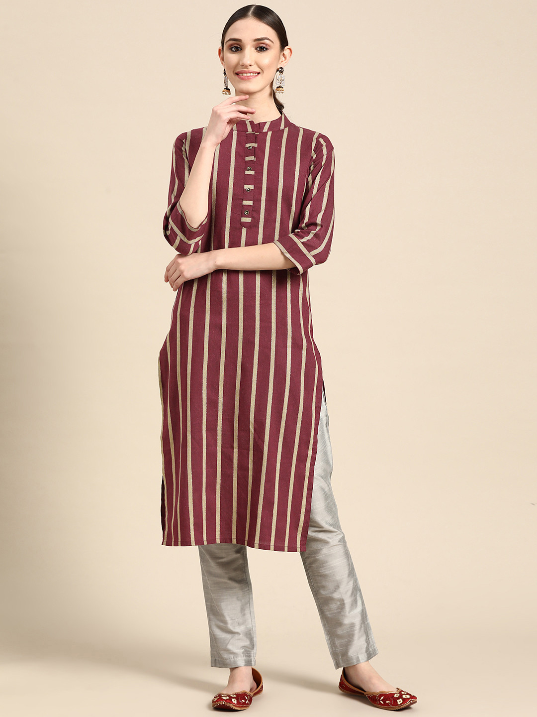 

Sangria Women Maroon Striped Straight Kurta