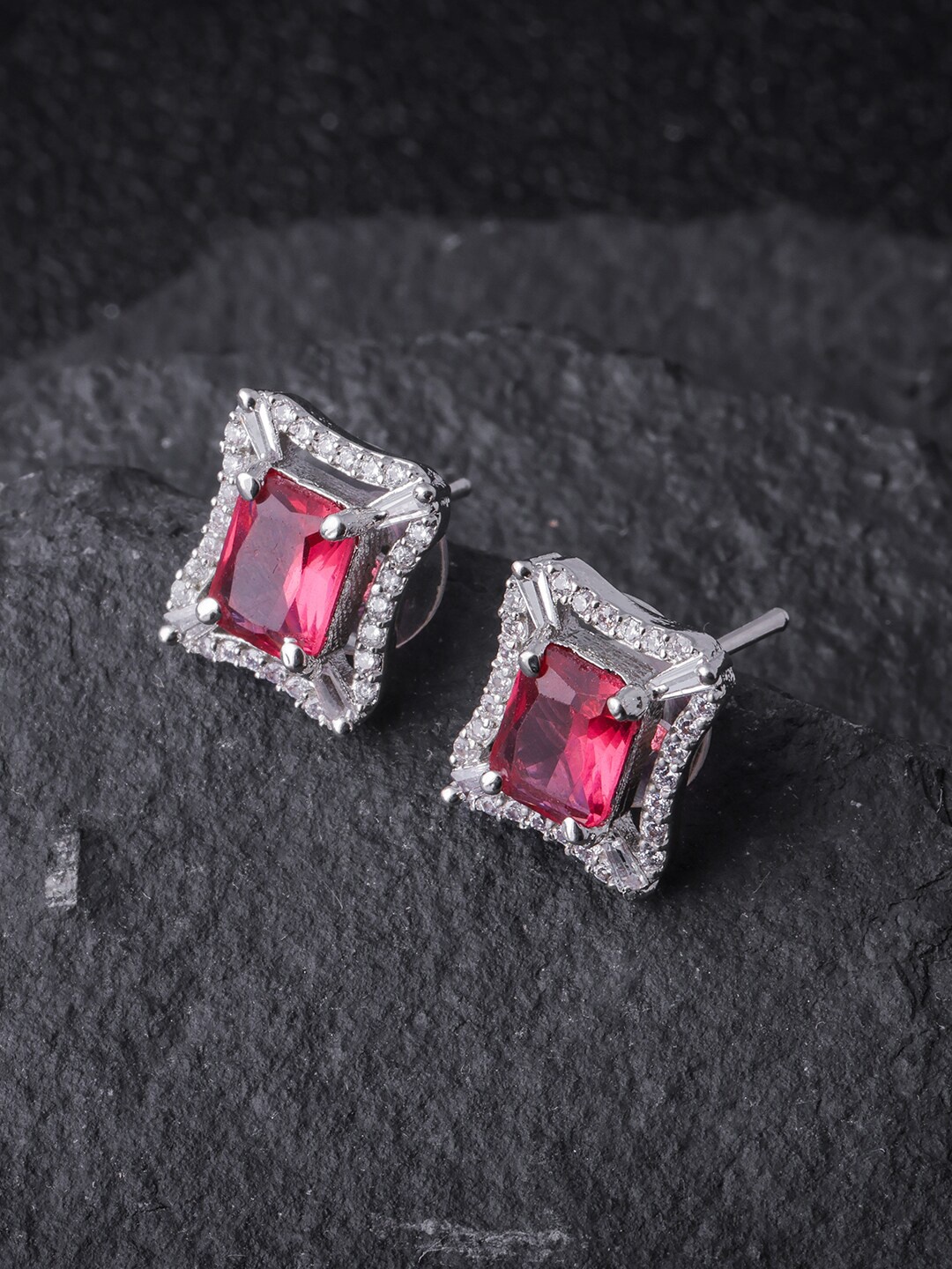 

Brandsoon Magenta Silver-Plated Classic American Diamond Studs Earrings