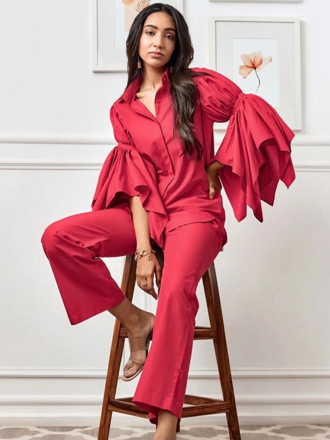 

KHUSHBOO AND PANKAJ Women Red Solid Shirt & Trouser Co-Ord Set