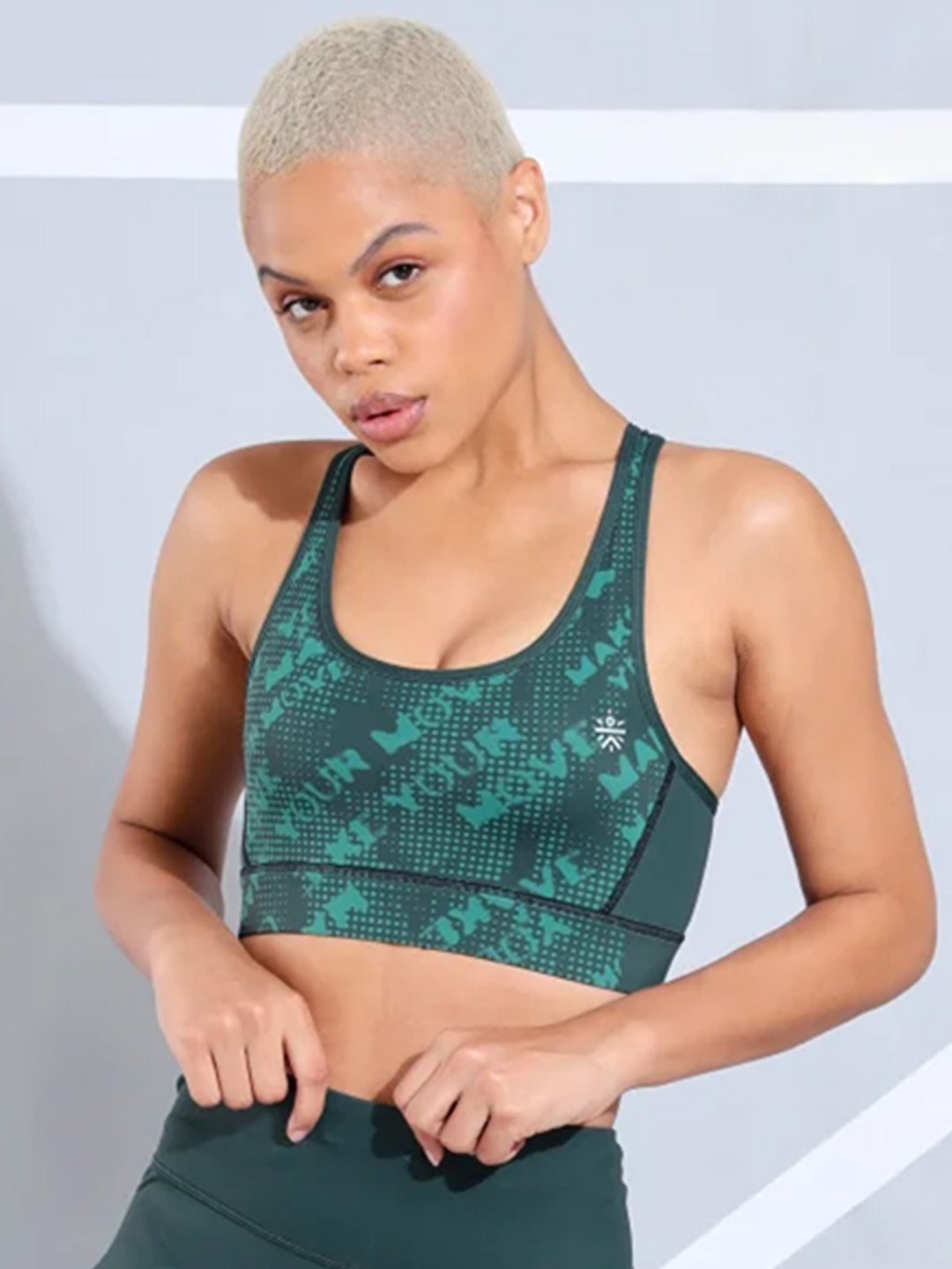CULT Typography Print Medium Impact Criss Cross Sports Bra, Teal