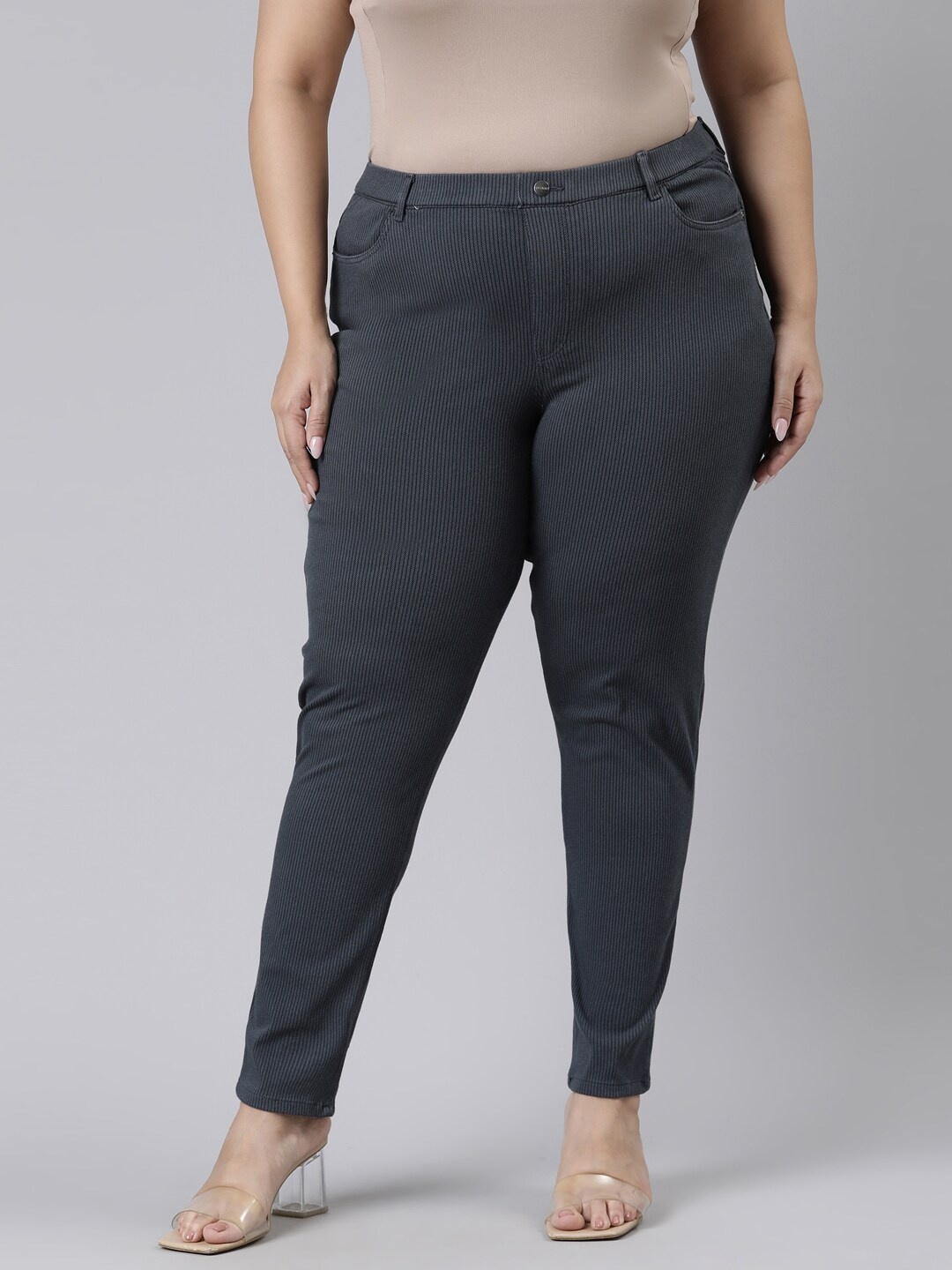 

Go Colors Plus Women Navy Blue Striped Slim Fit Jeggings