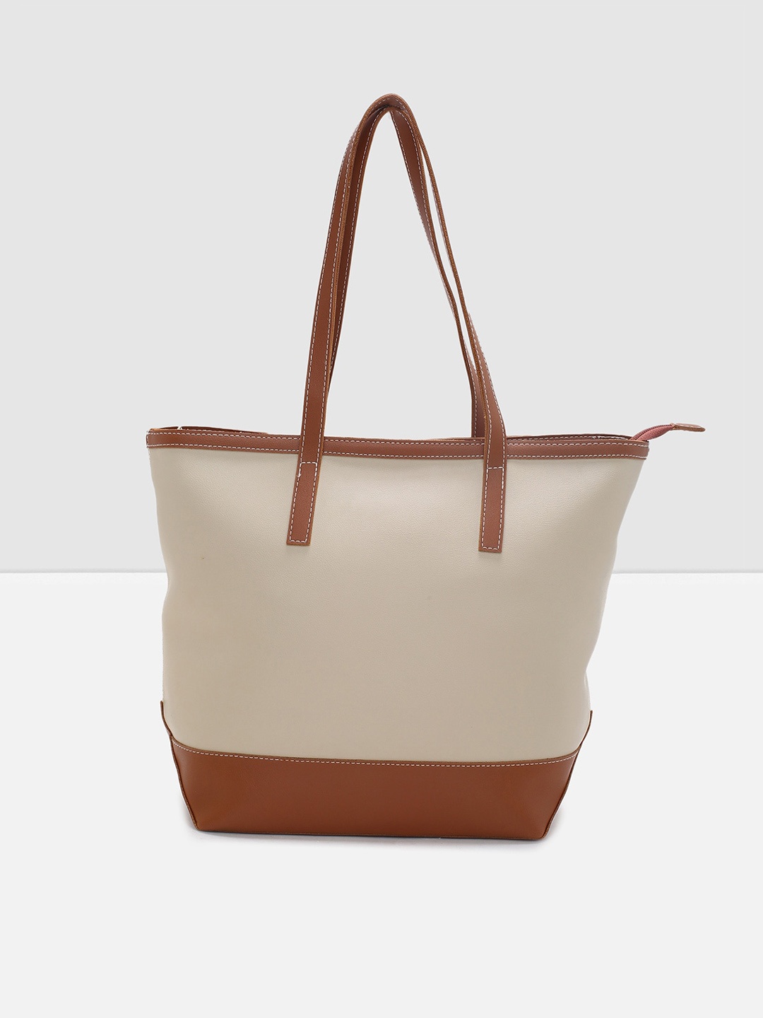 

max Beige Colourblocked PU Oversized Bowling Shoulder Bag with Tasselled