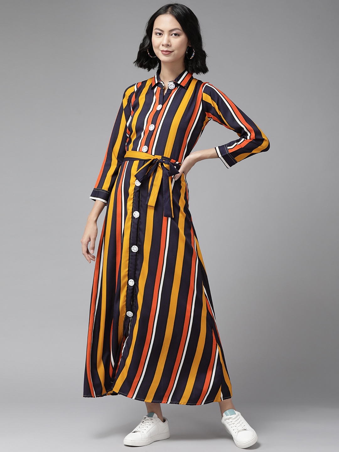 

Aarika Women Navy Blue Yellow & Orange Striped Georgette Maxi Shirt Dress