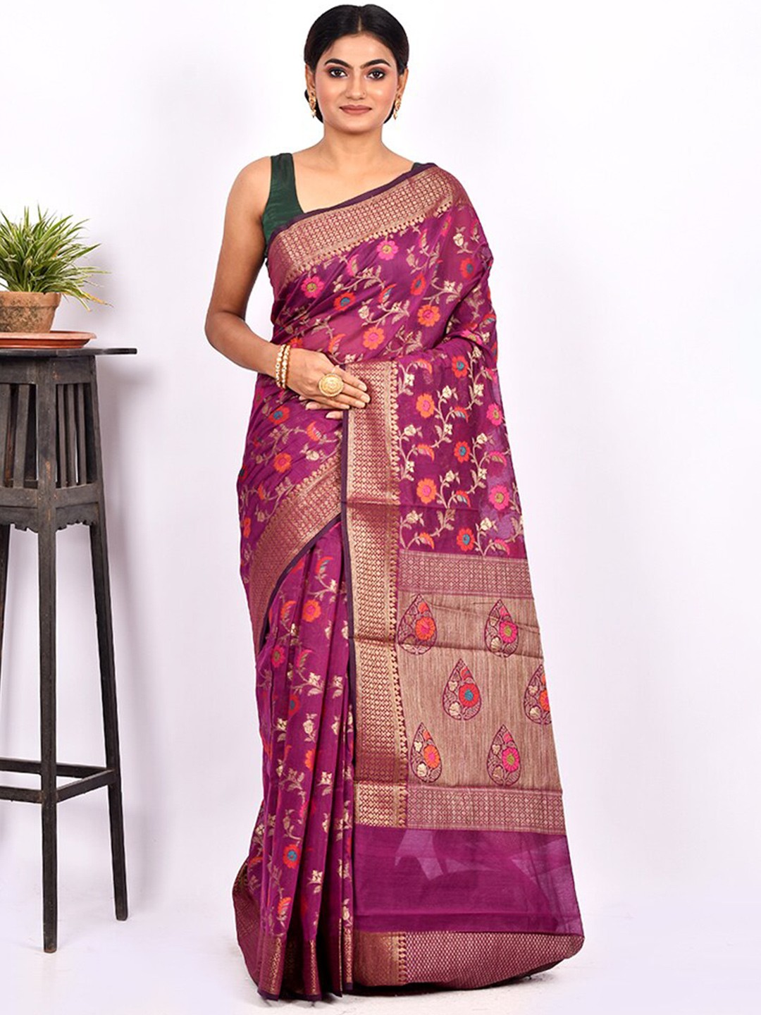 

AllSilks Purple & Pink Woven Design Zari Kora Silk Cotton Saree