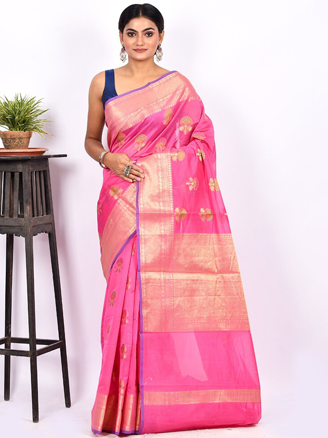 

AllSilks Pink & Purple Woven Design Zari Kora Silk Cotton Saree