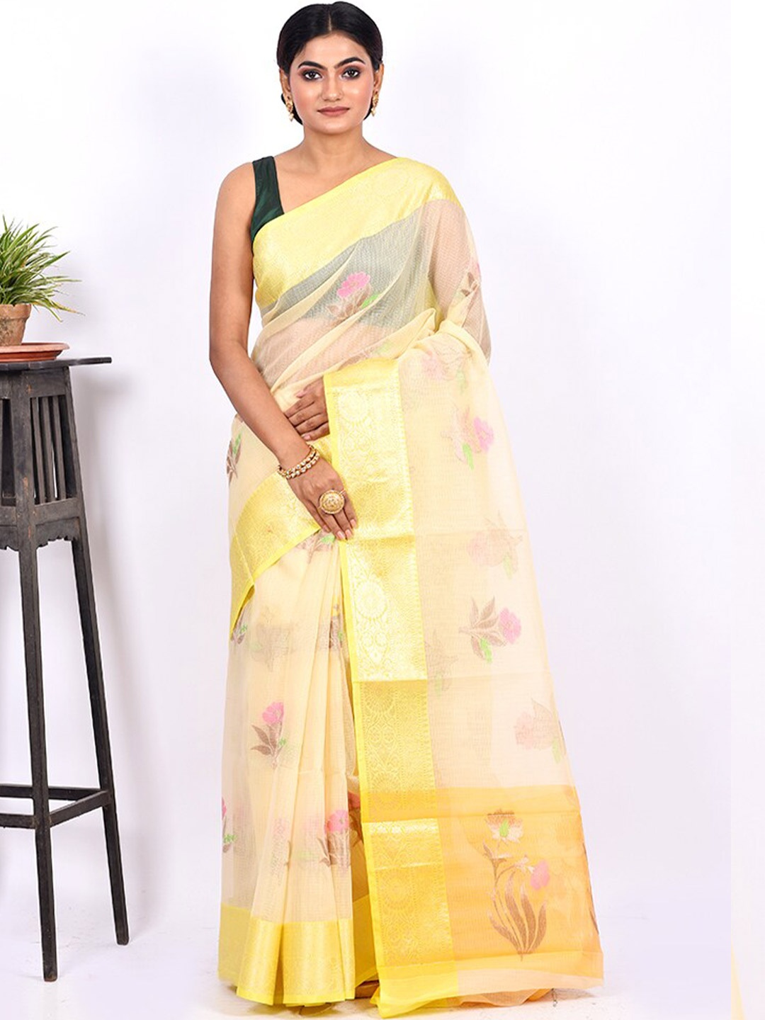 

AllSilks Cream-Coloured & Gold-Toned Woven Design Zari Kora Silk Cotton Saree