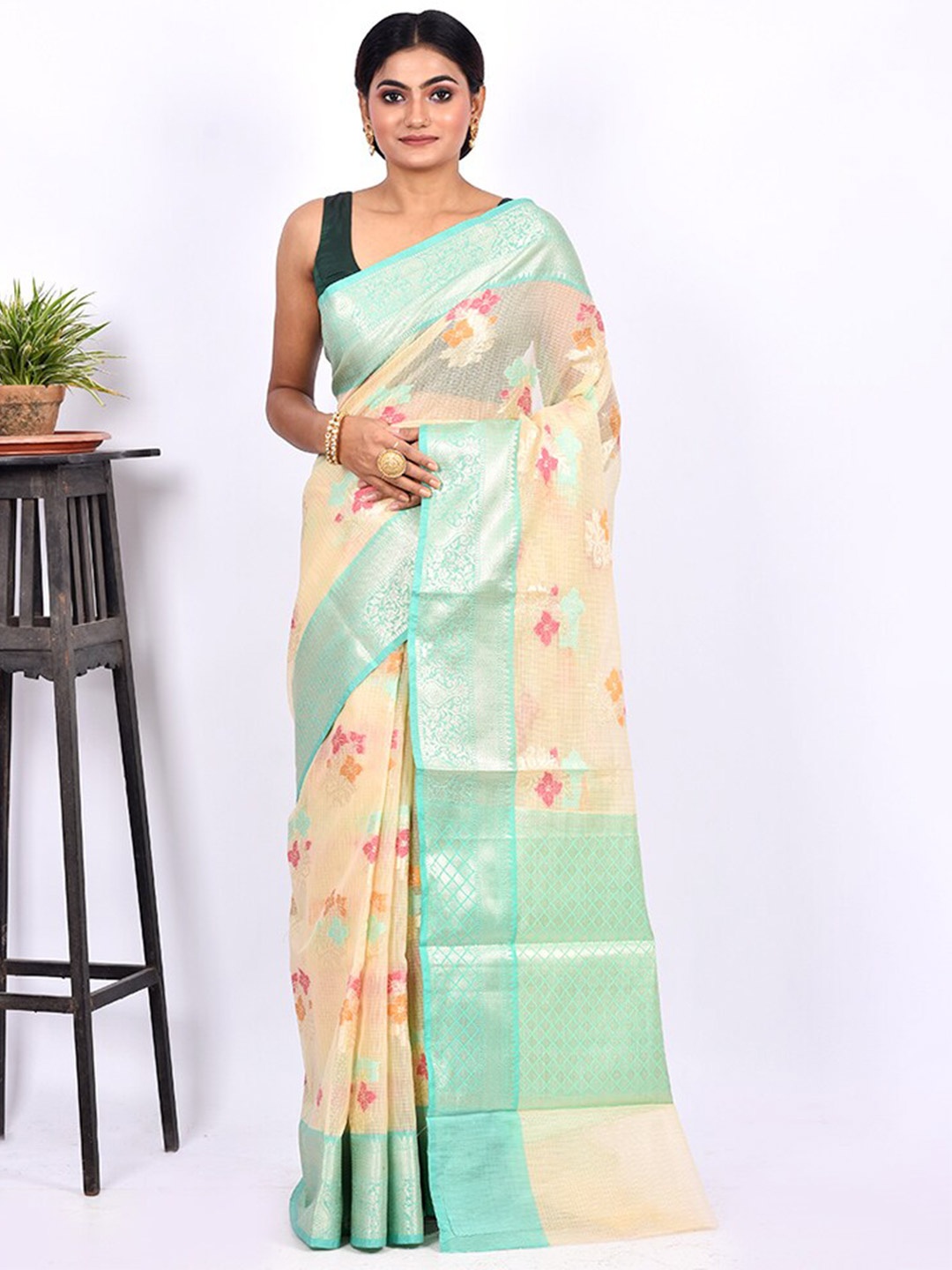 

AllSilks Cream-Coloured & Sea Green Woven Design Zari Kora Silk Cotton Saree