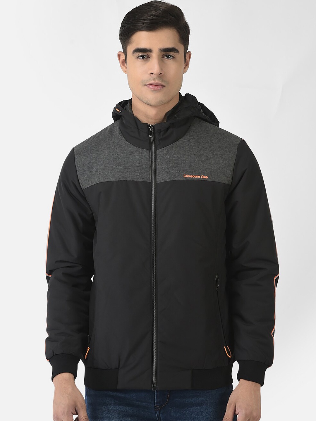 

Crimsoune Club Men Black Grey Colourblocked Bomber Jacket