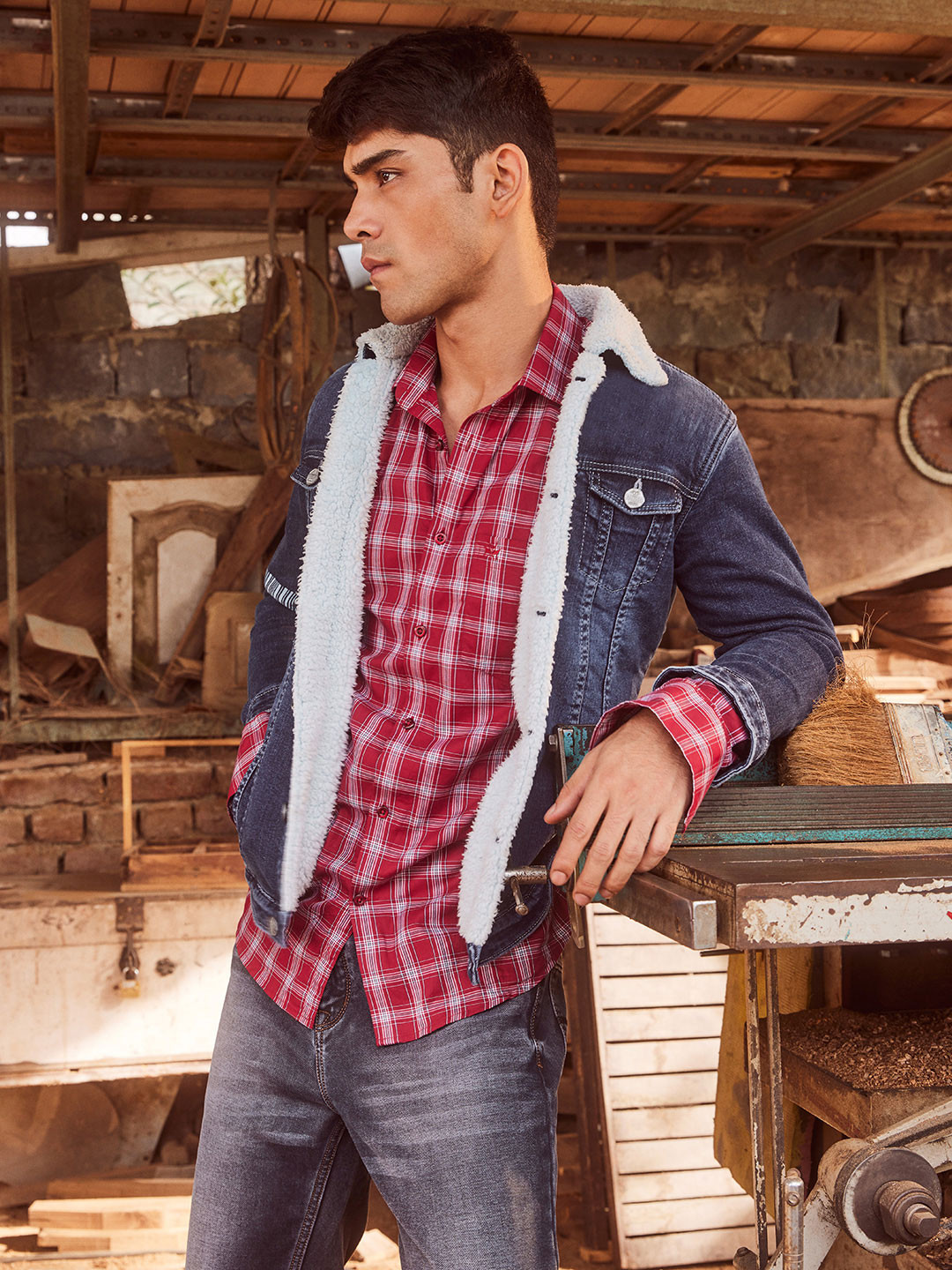 

Crimsoune Club Men Blue Washed Checked Cotton Jacket