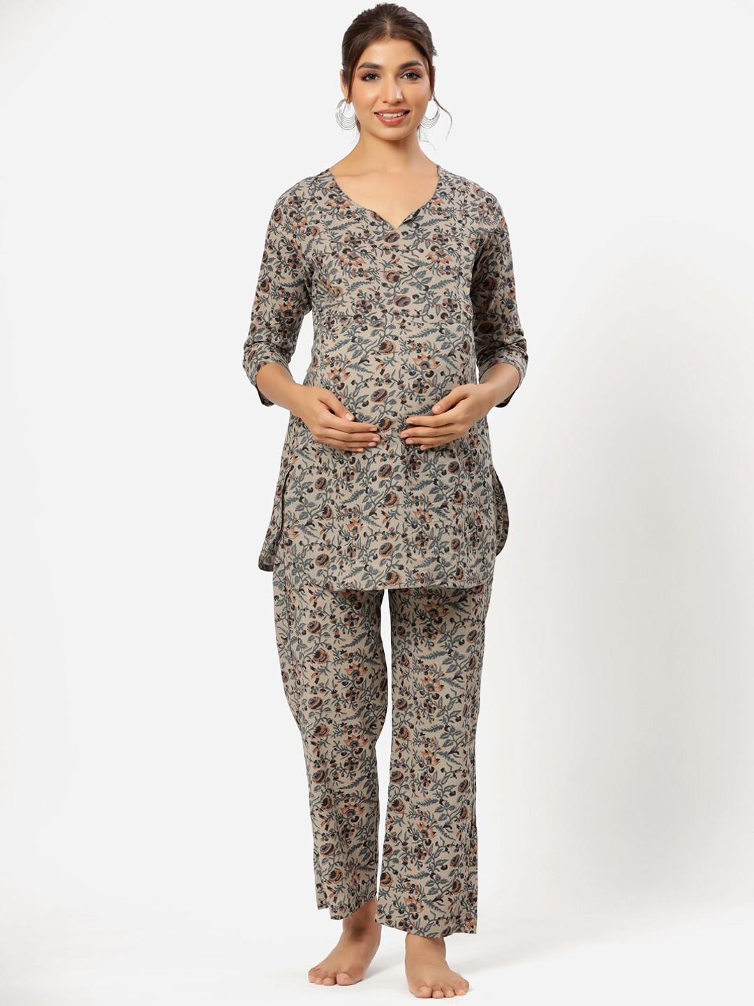 

CRAFIQA Floral Printed Pure Cotton Maternity Night Suit, Grey