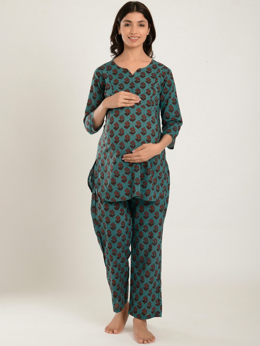 

CRAFIQA 2 Piece Floral Printed Pure Cotton Maternity & Nursing Night Suit, Teal