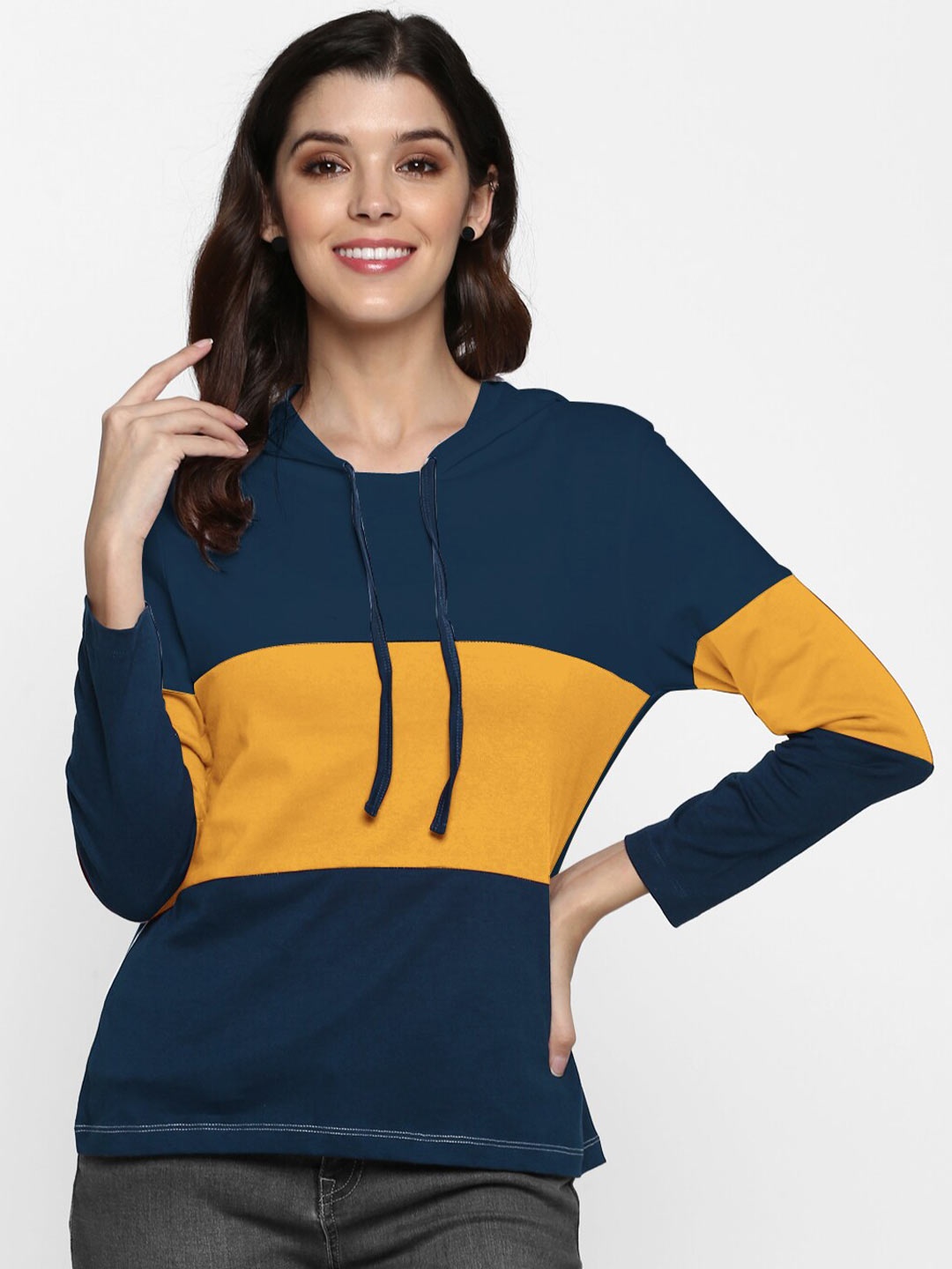 

SHARKTRIBE Women Navy Blue & Mustard Yellow Colourblocked Top