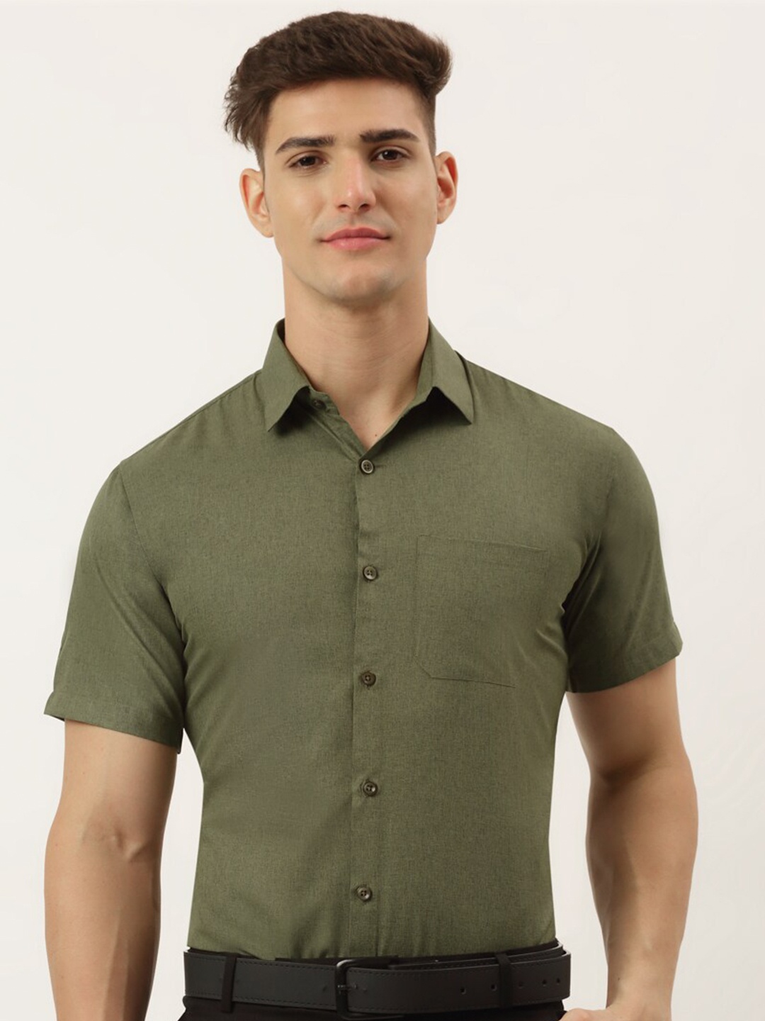

JAINISH Men Olive Green Classic Pure Cotton Formal Shirt