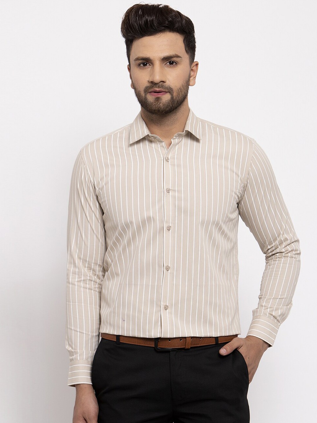 

JAINISH Men Mustard Classic Striped Pure Cotton Formal Shirt