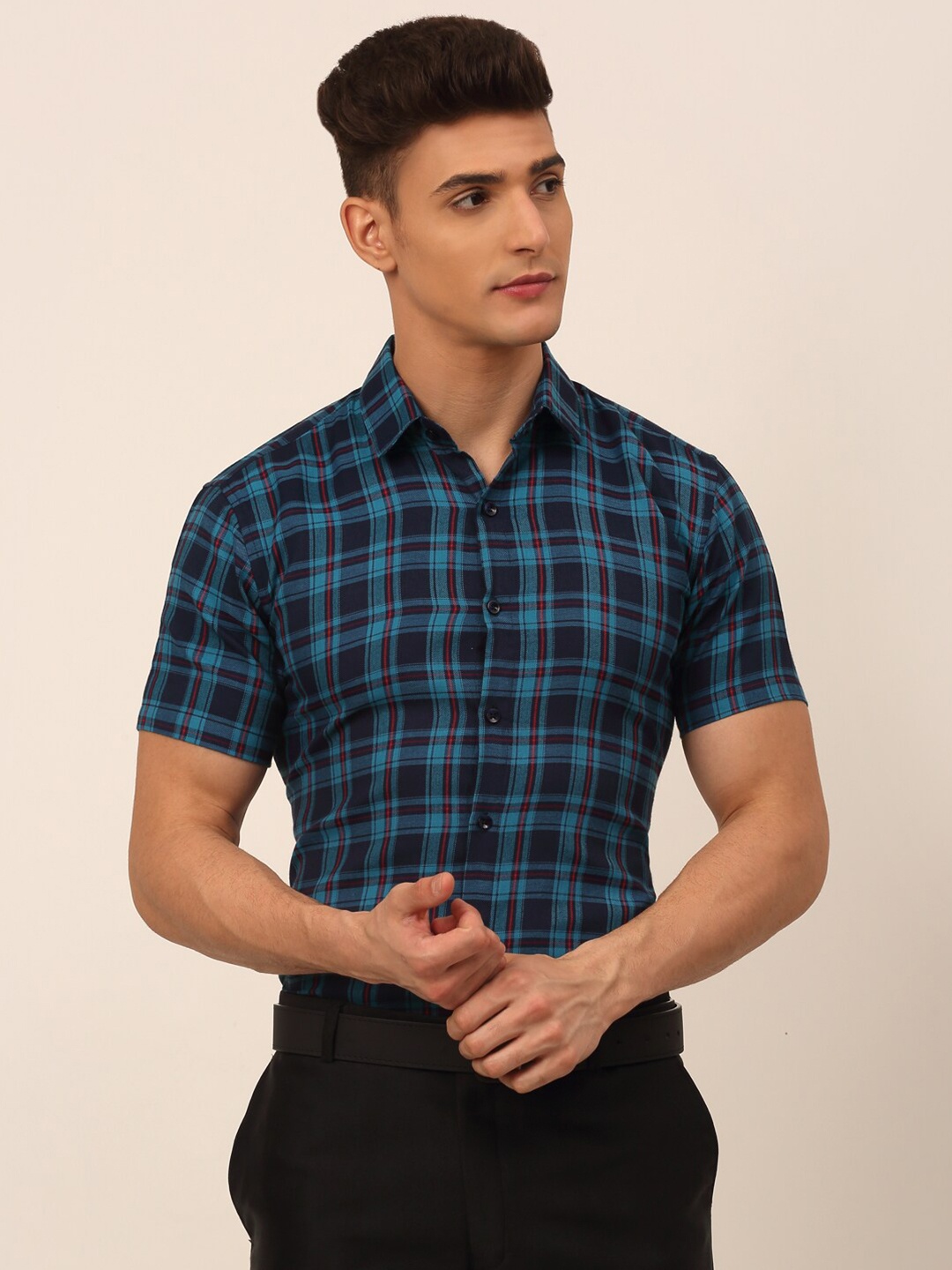 

JAINISH Men Classic Pure Cotton Tartan Checked Formal Shirt, Navy blue