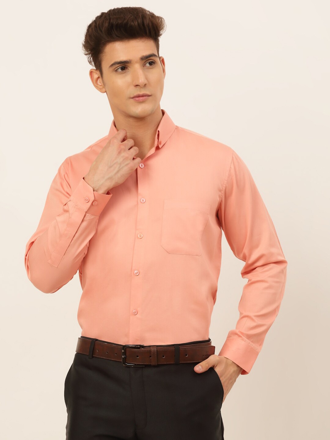 

JAINISH Men Peach-Coloured Classic Pure Cotton Formal Shirt