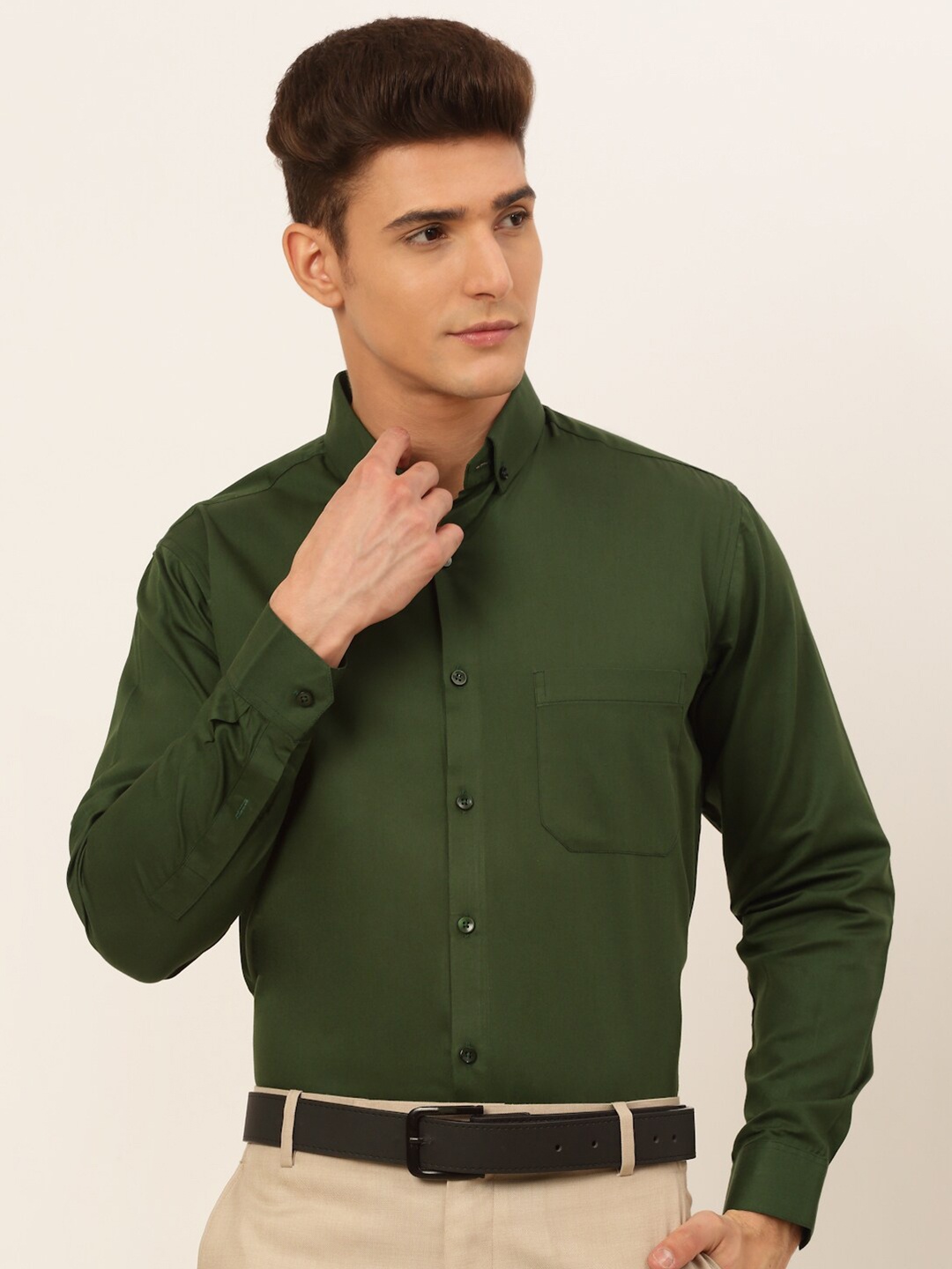 

JAINISH Men Olive Green Classic Pure Cotton Formal Shirt