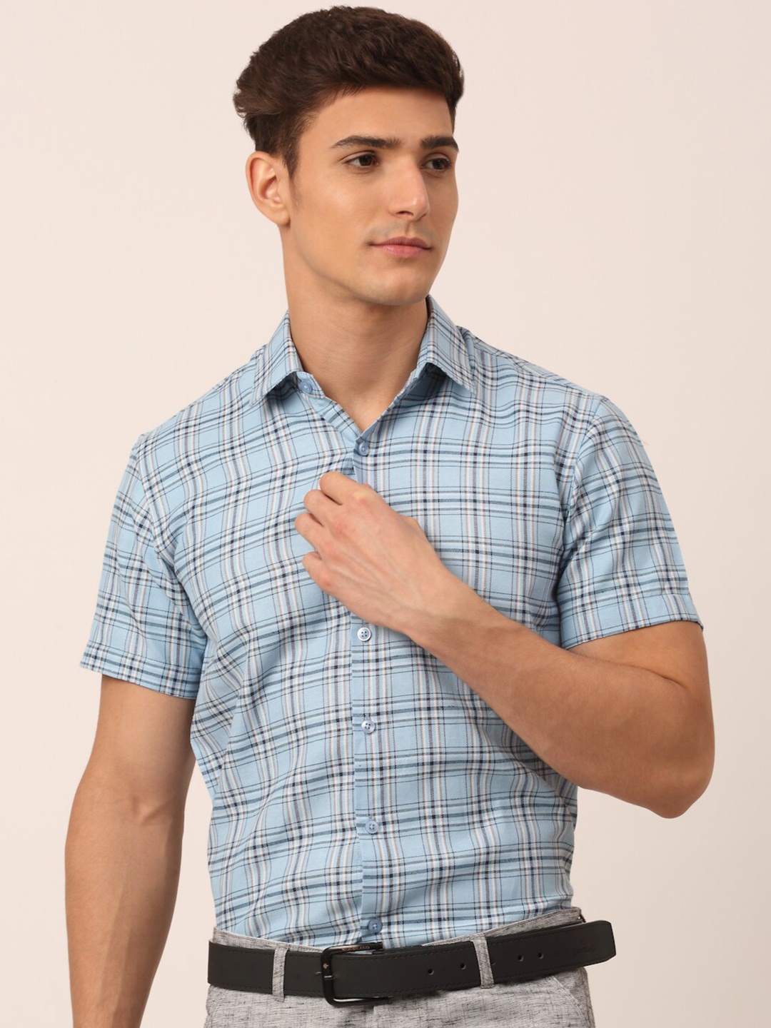 

JAINISH Men Classic Tartan Checks Pure Cotton Formal Shirt, Turquoise blue