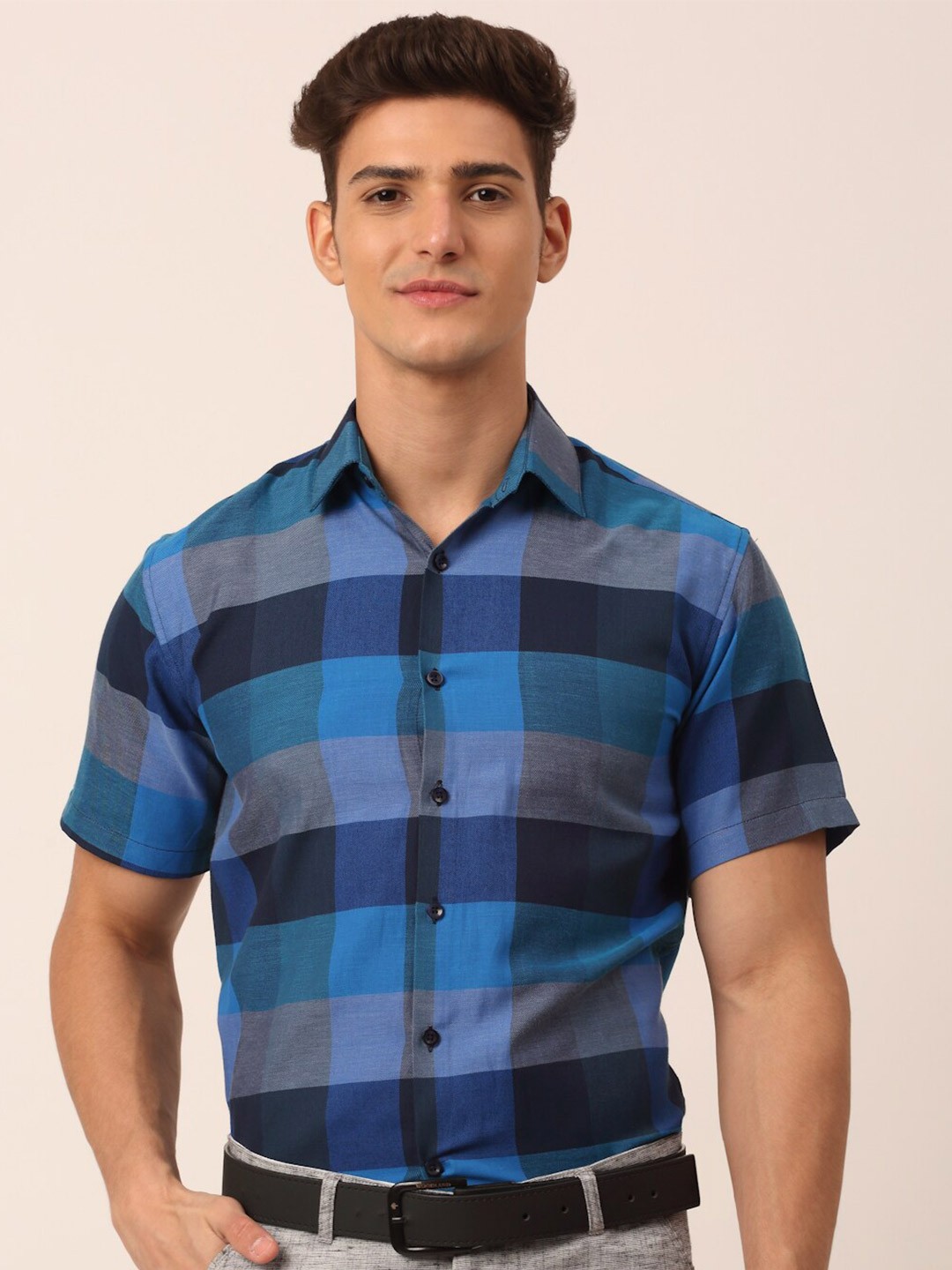 

JAINISH Men Classic Buffalo Checks Pure Cotton Formal Shirt, Navy blue
