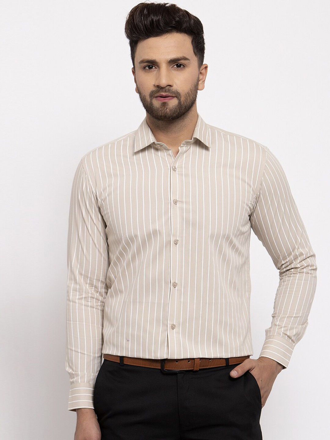

JAINISH Men Classic Striped Cotton Formal Shirt, Cream