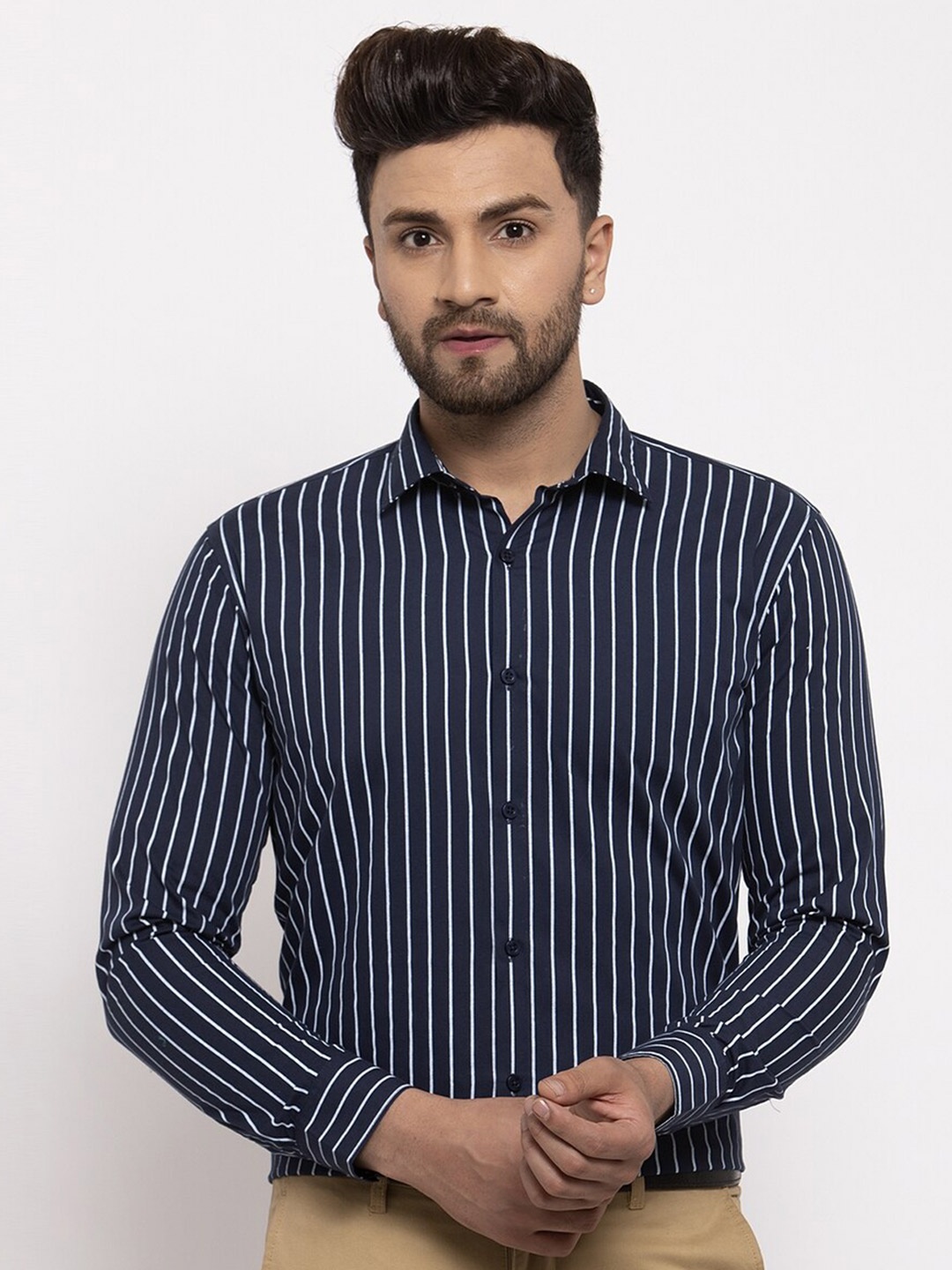 

JAINISH Men Classic Striped Cotton Formal Shirt, Navy blue