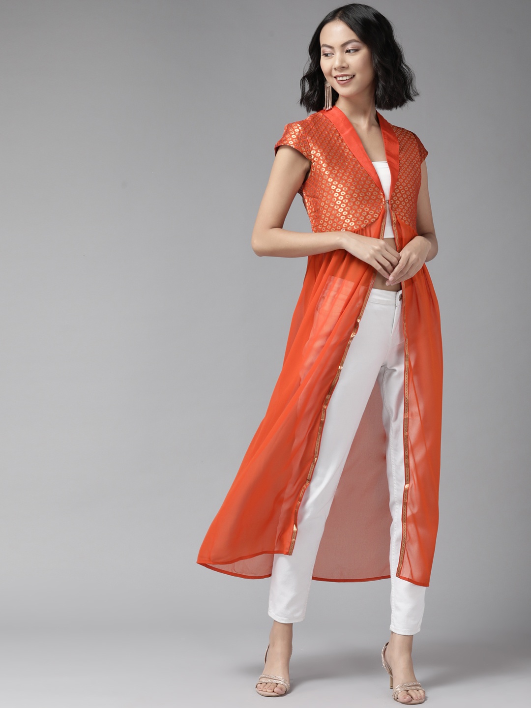 

Aarika Women Orange Floral Georgette Maxi Longline Top