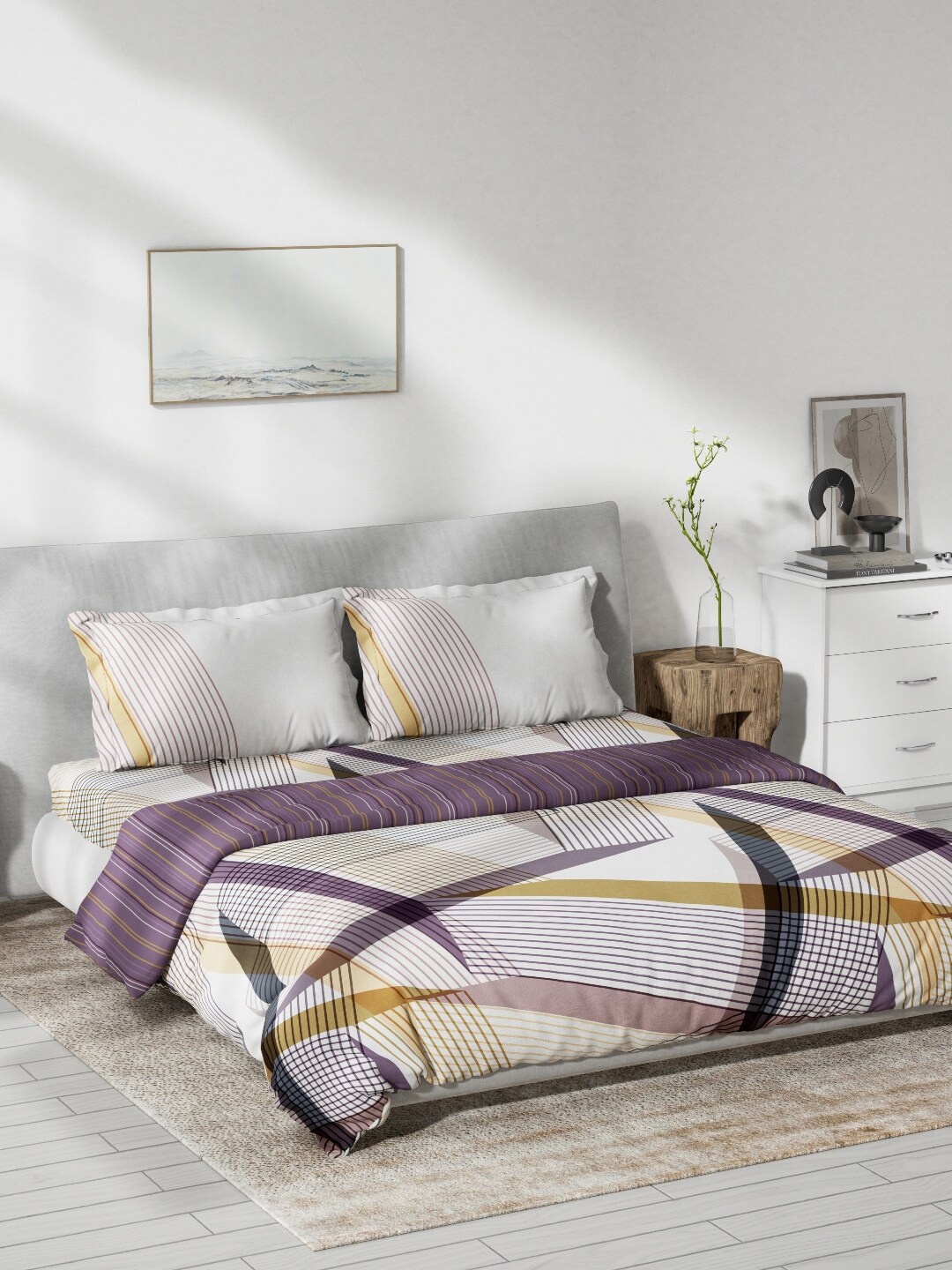 

DDecor Purple & White Geometric Printed Pure Cotton Double Queen Bedding Set