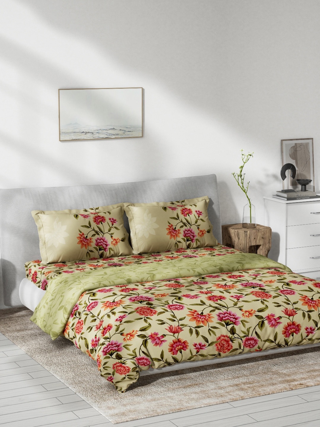 

DDecor Yellow Floral Print Pure Cotton Queen Size Bedding Set With Comforter
