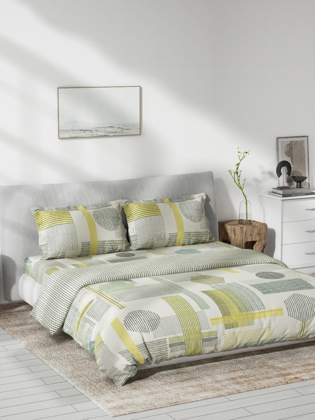 

DDecor Cream-Coloured & Yellow Geometric Printed Cotton Double Queen Bedding Set