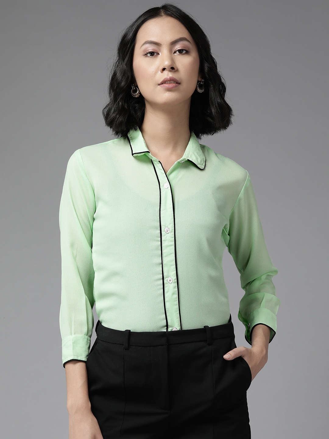

Aarika Women Lime Green Semi Sheer Striped Casual Shirt