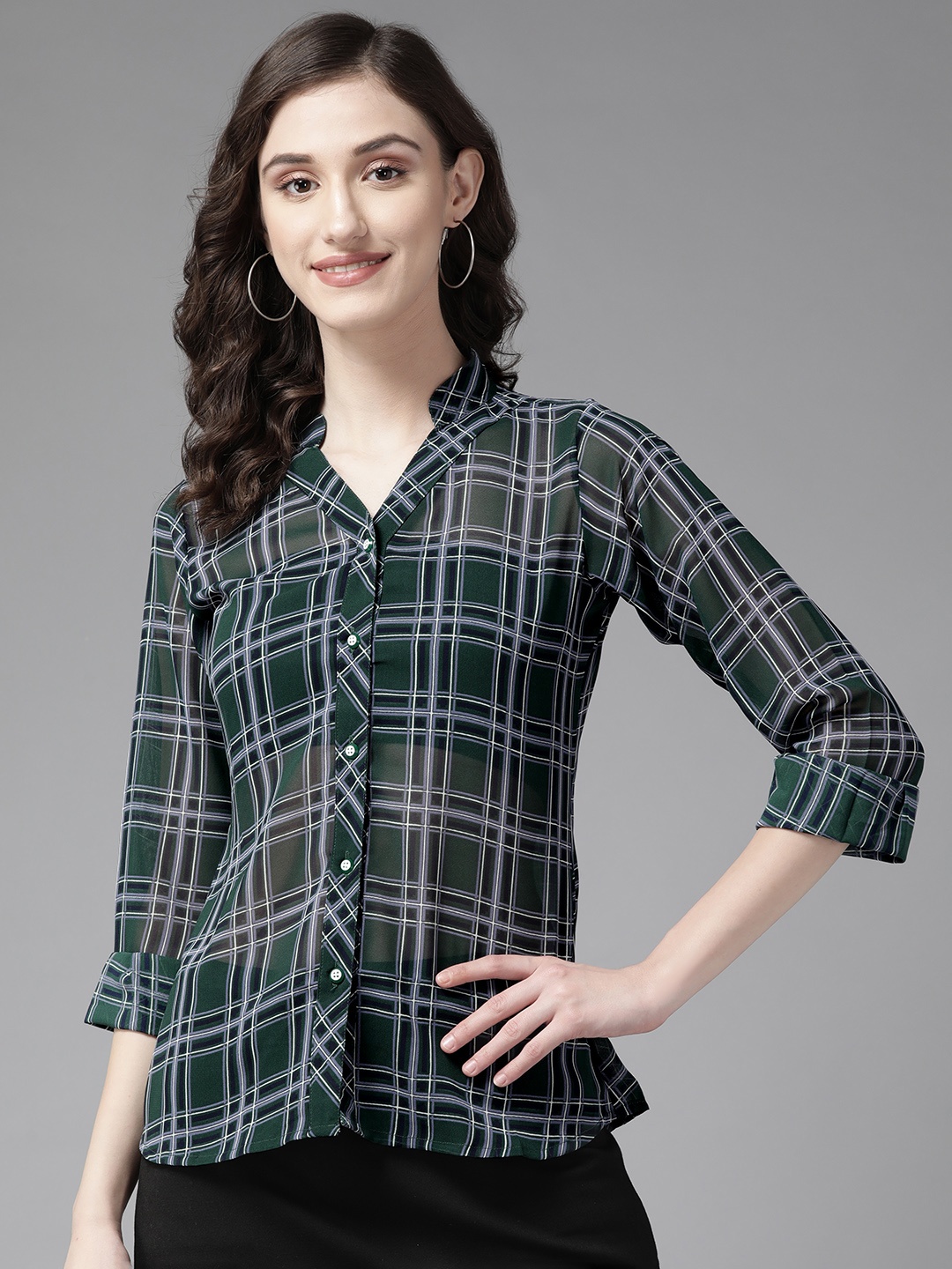 

Aarika Women Green Tartan Checks Semi Sheer Mandarin Collar Checked Casual Shirt