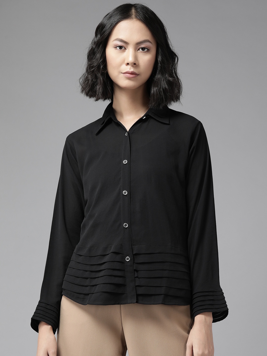 

Aarika Women Black Semi Sheer Casual Shirt With Pleated Detail