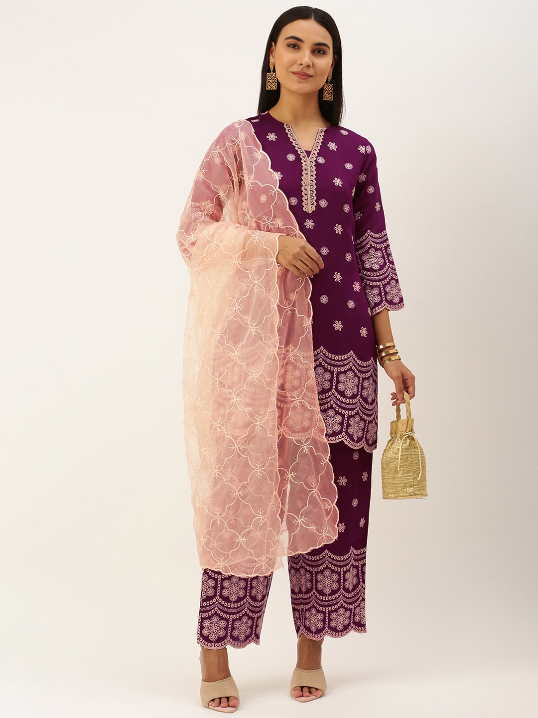 

HEEPOSH Women Magenta Floral Embroidered Kurta with Trousers & Dupatta