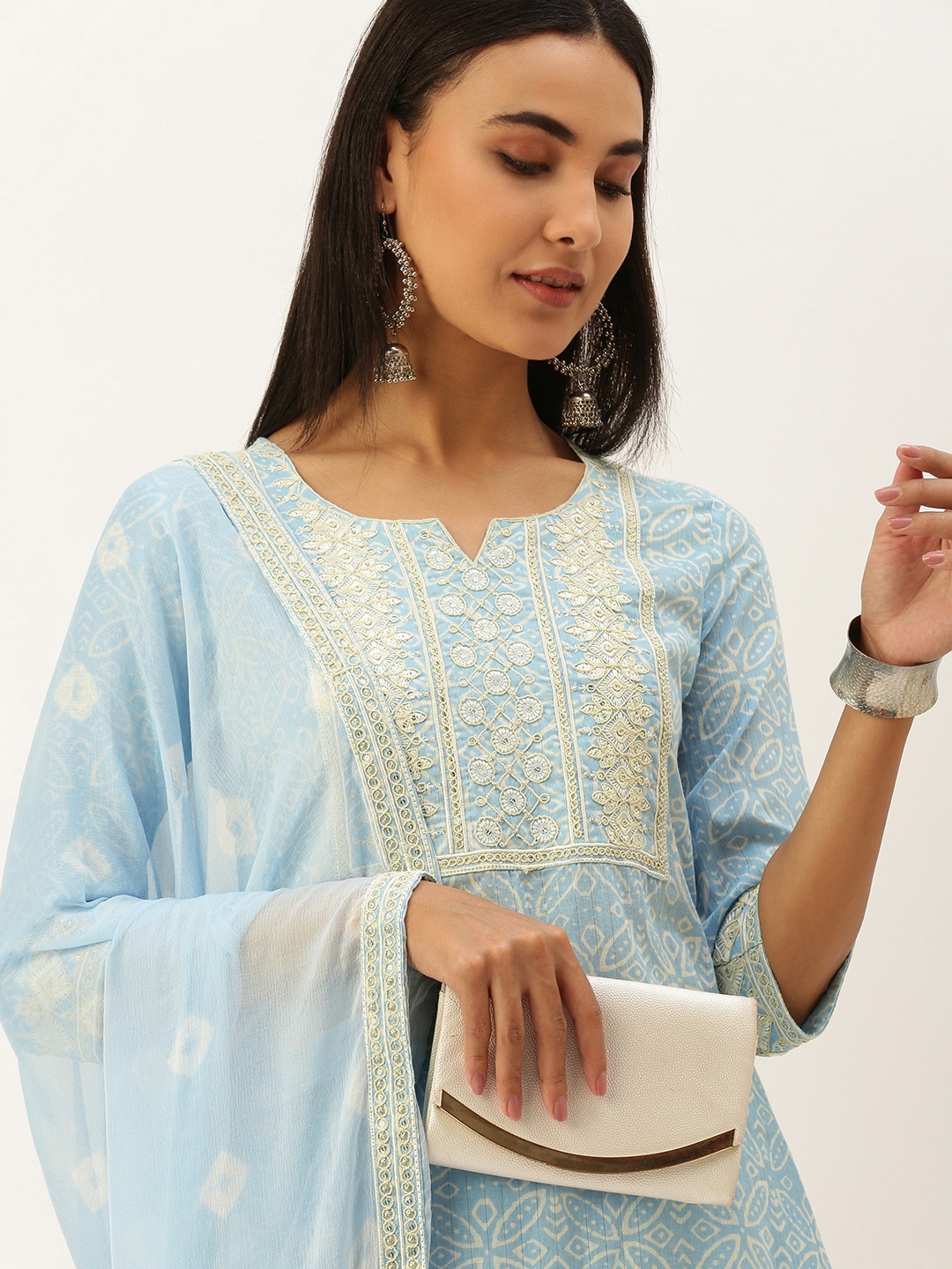 

HEEPOSH Women Blue Ethnic Motifs Printed Thread Work Pure Cotton Kurta with Trousers & With Dupatta