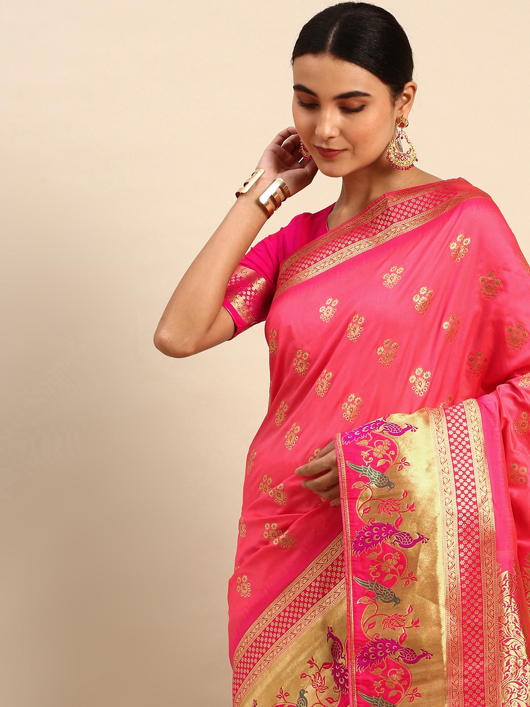 

HEEPOSH Pink & Golden Ethnic Motifs Art Silk Banarasi Saree
