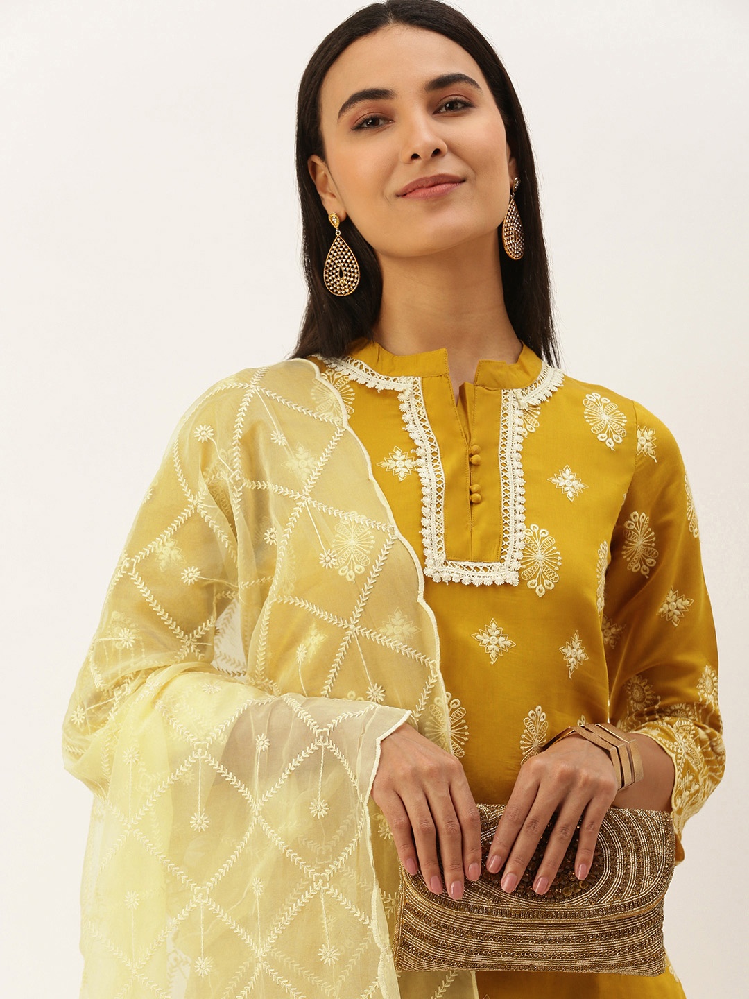 

HEEPOSH Women Mustard Yellow Ethnic Motifs Embroidered Thread Work Kurta with Trousers & With Dupatta