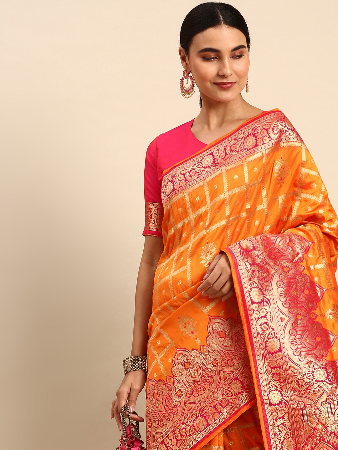 

HEEPOSH Mustard Yellow & Golden Ethnic Motifs Art Silk Banarasi Saree