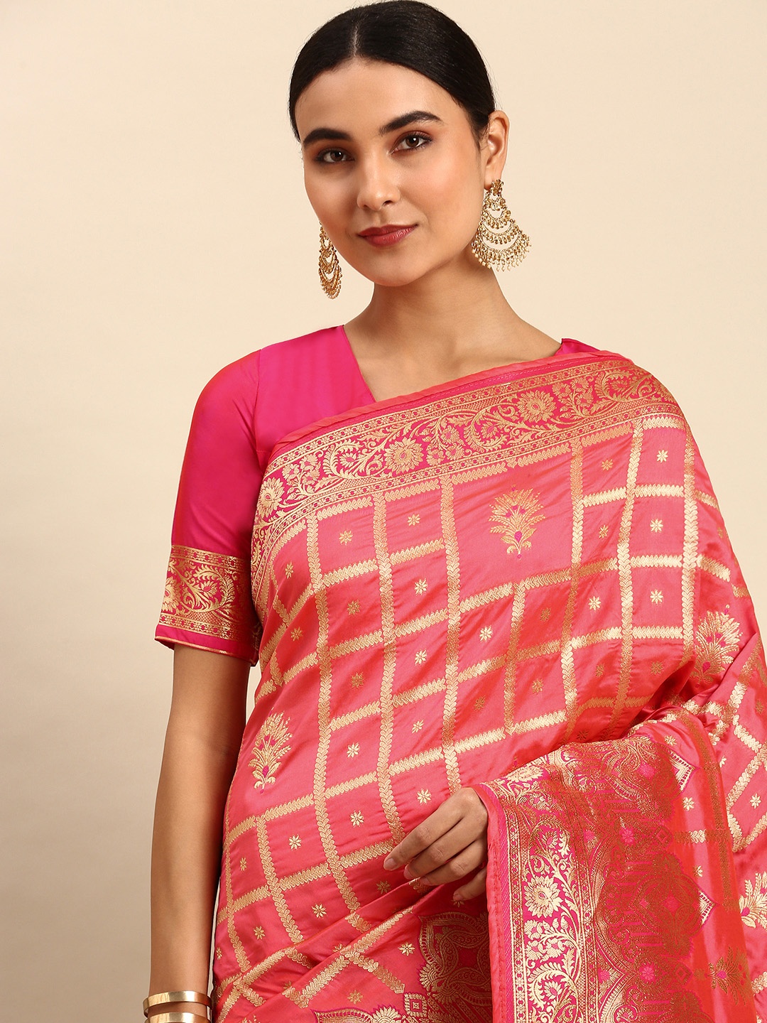 

HEEPOSH Pink & Golden Ethnic Motifs Art Silk Banarasi Saree