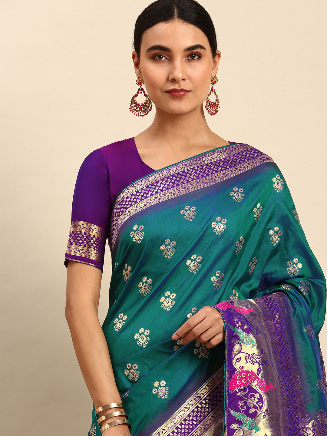 

HEEPOSH Teal Green & Purple Ethnic Motifs Art Silk Banarasi Saree