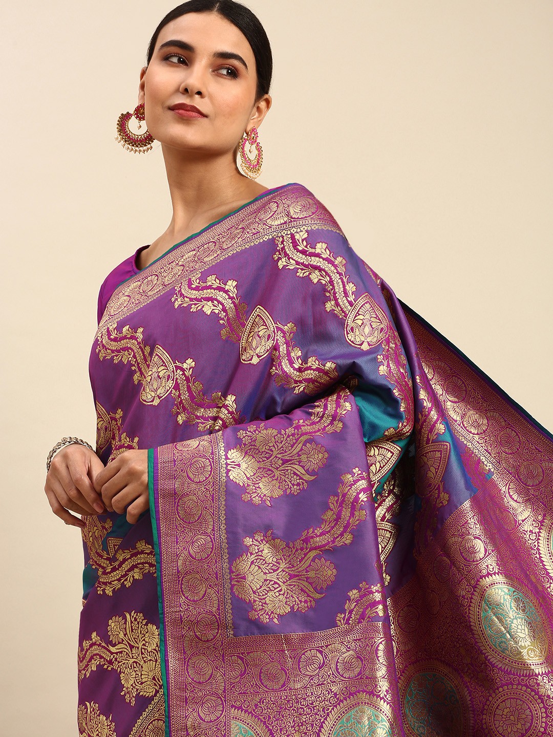 

HEEPOSH Turquoise Blue & Purple Ethnic Motifs Art Silk Banarasi Saree