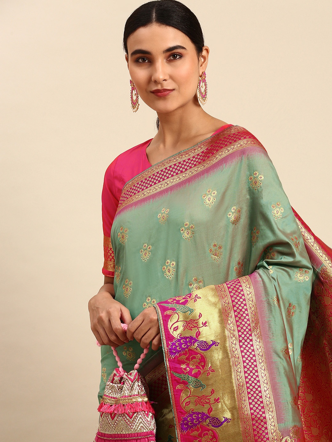 

HEEPOSH Sage Green & Pink Ethnic Motifs Art Silk Banarasi Saree