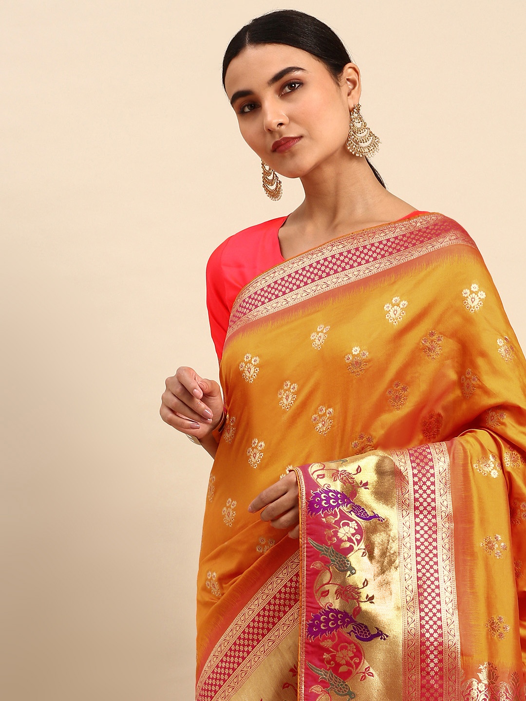 

HEEPOSH Mustard Yellow & Golden Ethnic Motifs Art Silk Banarasi Saree