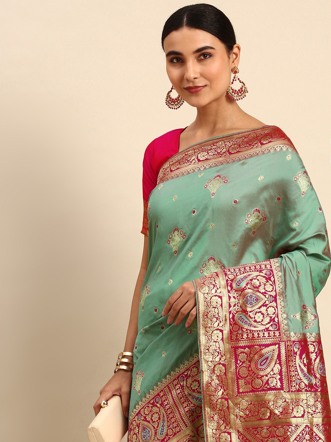 

HEEPOSH Sage Green & Golden Ethnic Motifs Art Silk Banarasi Saree